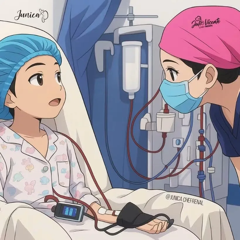 Ilustración de una paciente renal recibiendo tratamiento de hemodiálisis